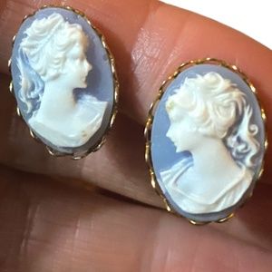 Vintage Cameo clip on earrings. Light blue & white with gold